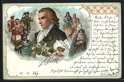 AK Porträt Friedrich Schiller mit Figuren aus seinen Dramen