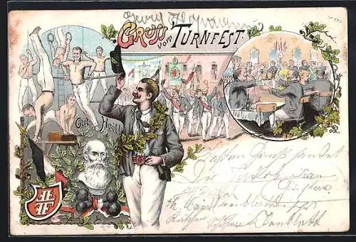 Lithographie Hamburg, Porträt von Turnvater Jahn, Gruss vom IX. Deutsches Turnfest 1898, Gut Heil