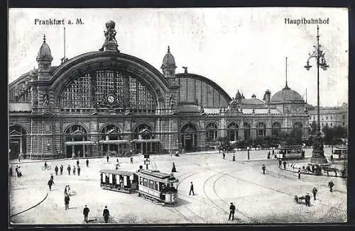 AK Frankfurt a. M., Hauptbahnhof mit Strassenbahnen aus der Vogelschau