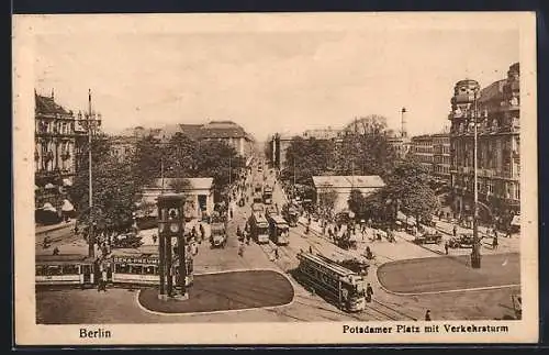 AK Berlin, Potsdamer Platz mit Verkehrsturm und Strassenbahnen