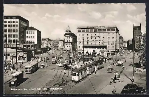 AK München, Karlsplatz mit Hotel Königshof und Strassenbahn aus der Vogelschau