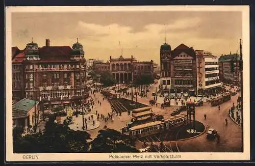 AK Berlin, Potsdamer Platz mit Verkehrsturm und Strassenbahnen aus der Vogelschau