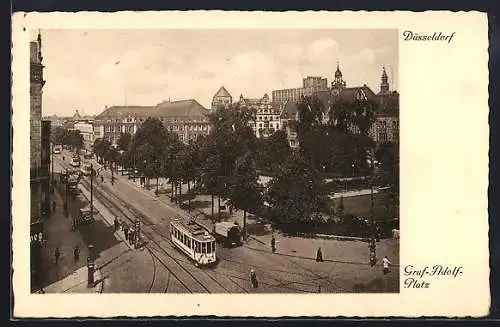 AK Düsseldorf, Graf-Adolf-Platz mit Strassenbahnen aus der Vogelschau