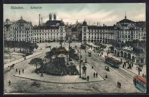 AK München, Karlsplatz aus der Vogelschau mit Strassenbahnen