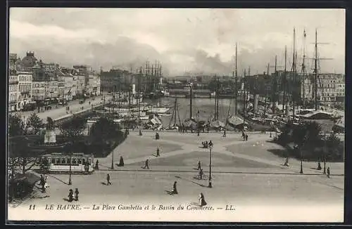 AK Le Havre, La Place Gambretta et le Bassin du Commerce, Strassenbahn