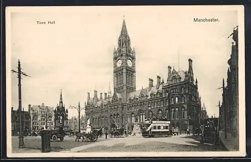 AK Manchester, Town Hall, Strassenbahn