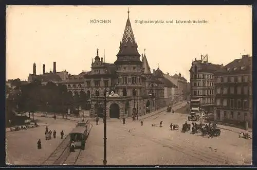 AK München, Löwenbräu-Keller am Stiglmaierplatz, Strassenbahn