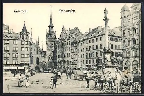 AK München, Marienplatz mit Kutschpferden und Strassenbahn