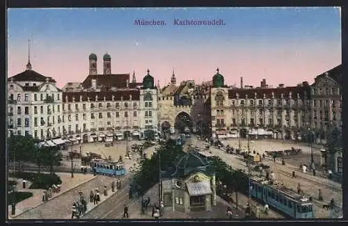 AK München, Strassenbahnen, Karlstorrondell