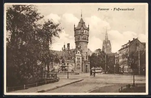 AK Hannover, Flusswasserkunst mit Strassenbahn