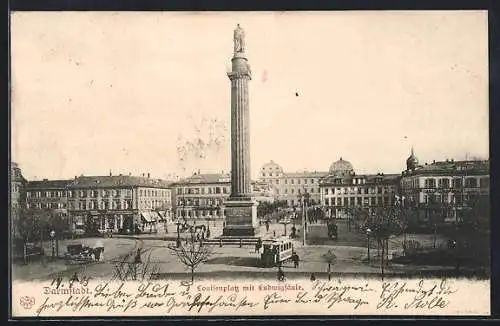 AK Darmstadt, Louisenplatz mit Ludwigsäule und Strassenbahn