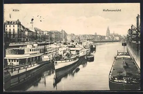 AK Köln, Binnenschiffe im Hafen