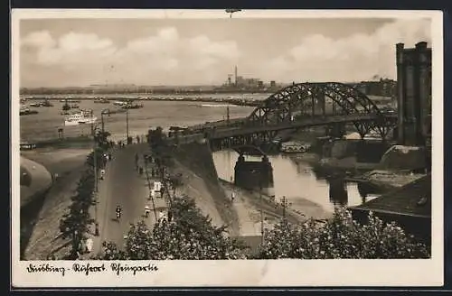 AK Duisburg-Ruhrort, Rheinpartie mit Brücke aus der Vogelschau