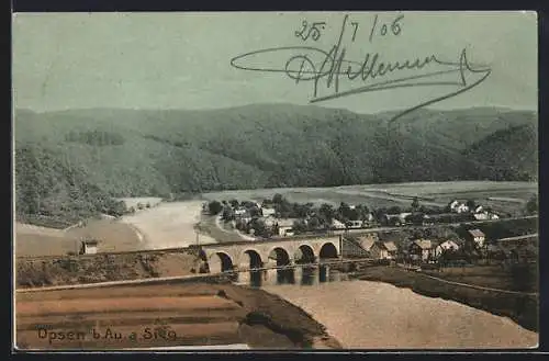 AK Opsen /Au a. Sieg, Gesamtansicht mit Sieg-Viadukt aus der Vogelschau