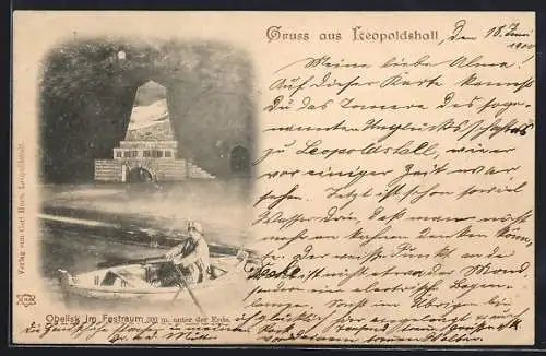 AK Leopoldshall, Obelisk im Festraum unter der Erde, mit Bootspartie