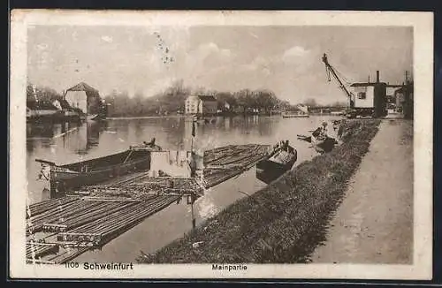 AK Schweinfurt, Mainpartie mit Holzflössung, Kran