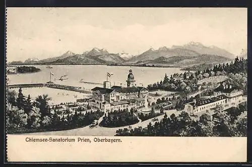 AK Prien /Obb., Chiemsee-Sanatorium mit Seeblick und Bergpanorama aus der Vogelschau