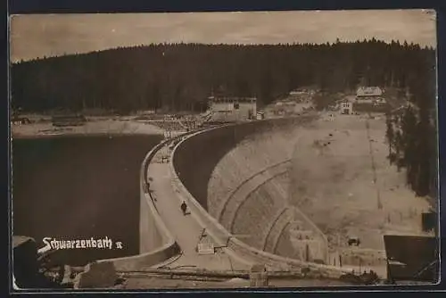 AK Schwarzenbach, Talsperre im Bau, Mauer aus der Vogelschau