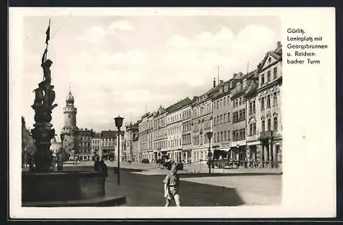 AK Görlitz, Leninplatz mit Georgsbrunnen u. Reichenbacher Turm