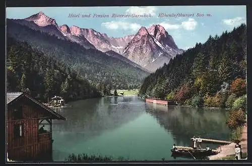 AK Garmisch, Hotel-Pension Rissersee-Garmisch, Seepartie mit Gipfelpanorama und Bootssteg