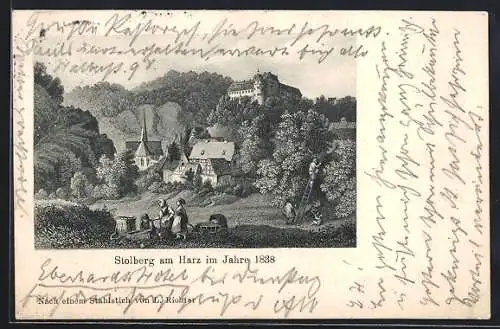 Künstler-AK Stolberg a. H., Ortsansicht im Jahre 1838