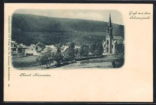 AK Herrenwies /Schwarzwald, Ortspanorama mit Kirche