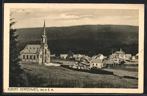 AK Herrenwies /Schwarzwald, Ortsansicht mit Kirche u. Friedhof