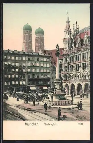 AK München, Marienplatz mit Kirche und Denkmal