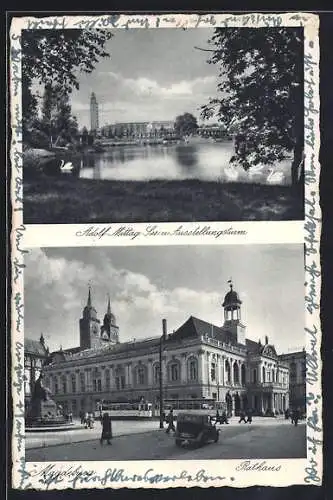 AK Magdeburg, Adolf-Mittag-See und Ausstellungsturm, Rathaus mit Strassenbahn