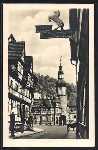 AK Stolberg /Harz, Hotel Weisses Ross mit Strassenpartie