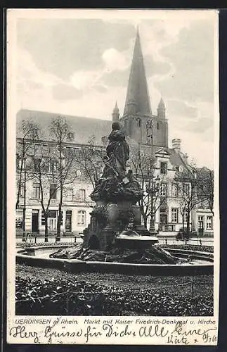 AK Uerdingen a. Rhein, Markt mit Kaiser Friedrich-Denkmal und Kirche