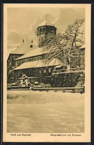 AK Bayreuth, Margrafenturm mit Brunnen im Schnee