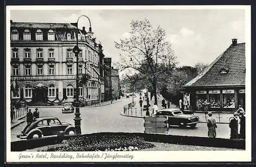 AK Rendsburg, Green`s Hotel Andresen, Bahnhofstrasse / Jungfernstieg, Geschäft, VW-Käfer