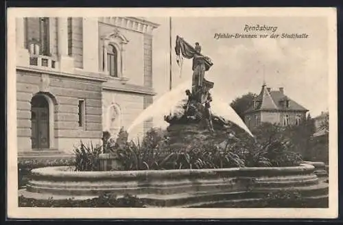 AK Rendsburg, Pfähler-Brunnen vor der Stadthalle, Villa