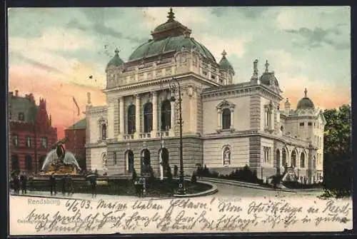 AK Rendsburg, Stadthalle mit Pfähler-Brunnen und Einfahrt