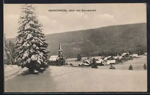 AK Herrenwies / Schwarzwald, Ortspartie mit Kirche im Winter