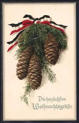 AK Tannenzweig mit Tannenzapfen und Fahnenband, Weihnachtsgruss