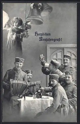 AK Soldaten mit Ziehharmonika am Tisch, Neujahrsgruss