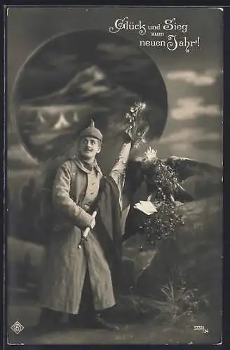 AK Soldat in Uniform mit Pickelhaube und Fahne, Neujahrsgruss