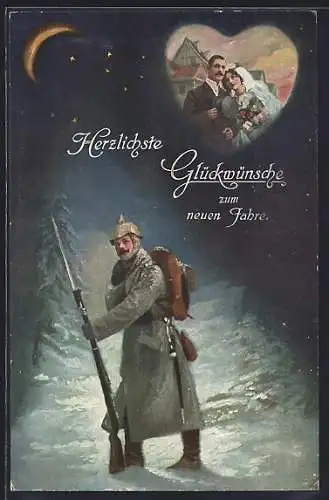 AK Soldat mit Gewehr bei Mondschein, Hochzeitspaar im Herz, Neujahrsgruss