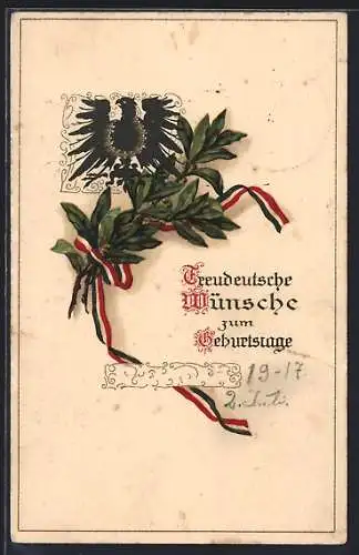 AK Mistelzweig mit Fahnenband und Adler, Geburtstagsgruss