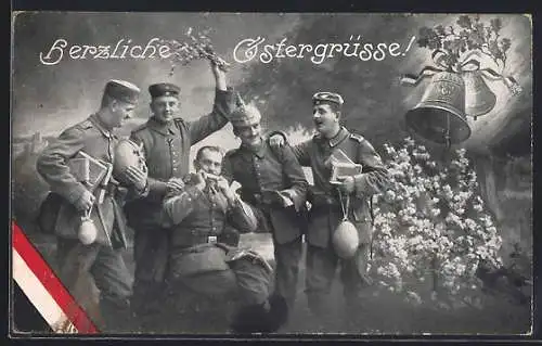 AK Soldaten in Uniform mit Ostereiern, Glocken, Ostergruss