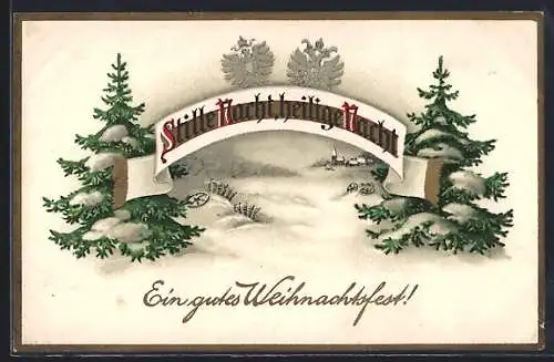 Lithographie Tannen im Schnee, Deutsches und österr. Wappen - Weihnachtsgruss