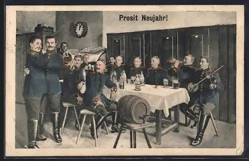 AK Soldaten in Uniform am Biertisch, Neujahrsgruss