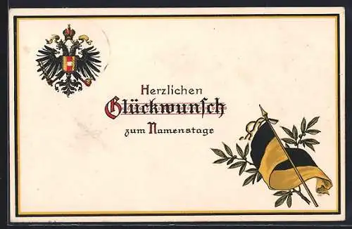 AK Doppelkopfadler-Wappen, Schwarzgelbe Fahne, Namenstagsgruss