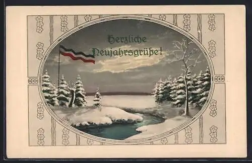 AK Winterliche Landschaft am Bach mit Tannen, Neujahrsgruss