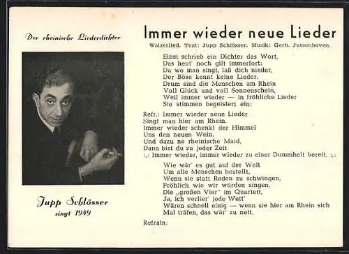 AK Immer wieder neue Lieder, Jupp Schlösser singt 1949 zu Fasching