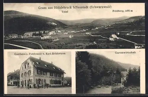 AK Hölzlebruck / Schwarzwald, Gasthaus zum Posthäusle von Karl Reichmann, Gartenwirtschaft, Panorama mit Feldberg