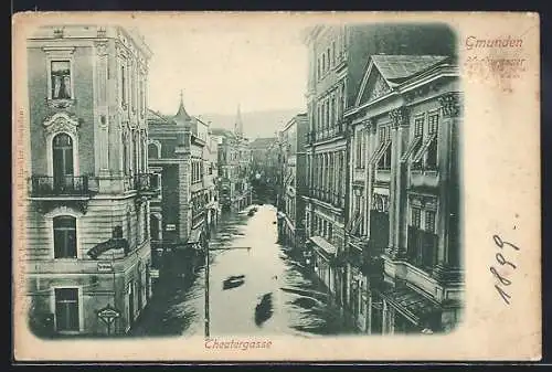 AK Gmunden, Hochwasser in der Theatergasse 1899