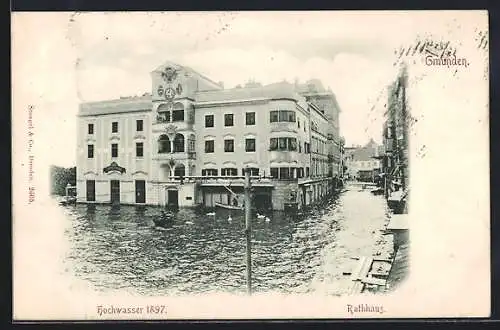 AK Gmunde, Hochwasser am Rathaus, 1897